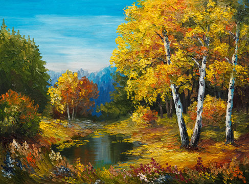 oil painting on canvas - autumn forest with a lake