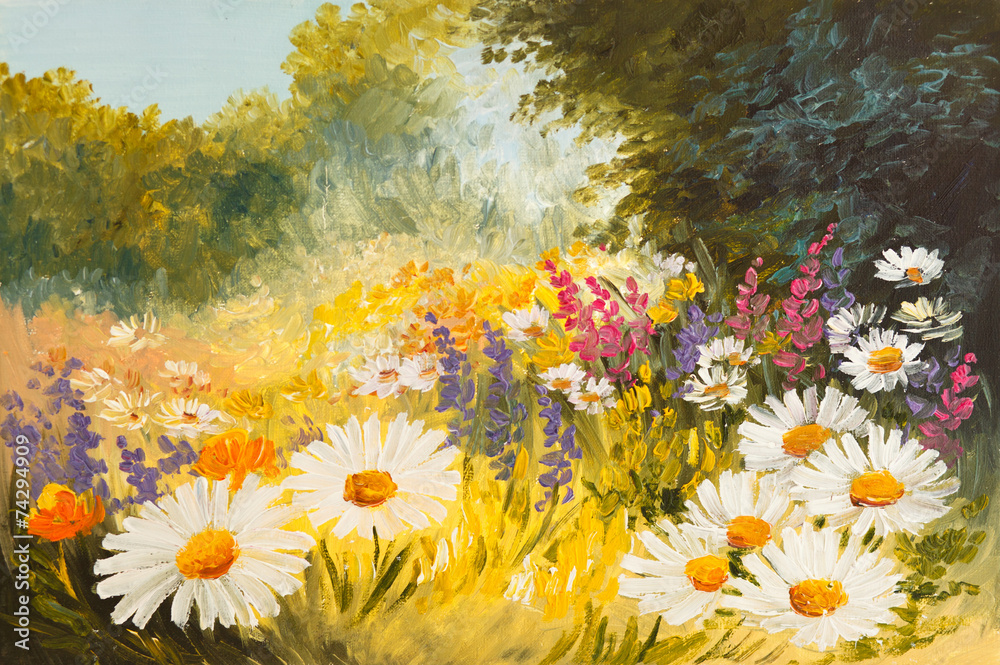 Wall mural oil painting - field of daisies. colorfull art drawing