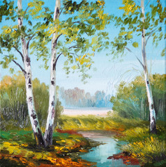 oil painting - birch in the field near the river