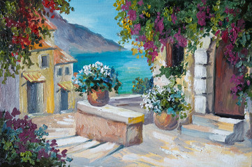 oil painting on canvas - beautiful houses near the sea