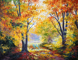 Fototapety  obraz olejny na płótnie - jesienny las