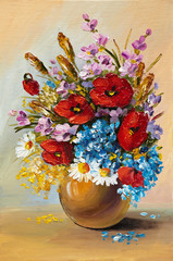 Oil painting of spring flowers in a vase on canvas. Abstract dra