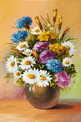 Oil painting of spring flowers in a vase on canvas. Abstract dra
