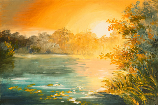 Oil Painting - sunset on the lake, colorfull art drawing