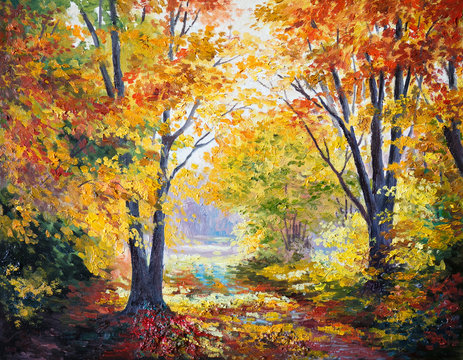 oil painting on canvas - autumn forest