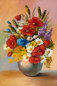 Oil painting of spring flowers in a vase on canvas. Abstract dra
