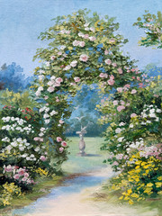 oil painting - floral arch in the summer park, colorful picture