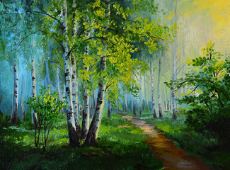 oil painting landscape - birch forest, abstract drawing, made in
