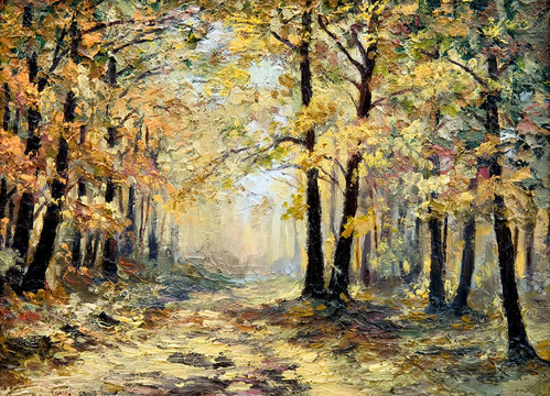 oil painting landscape - autumn forest, full of fallen leaves, c