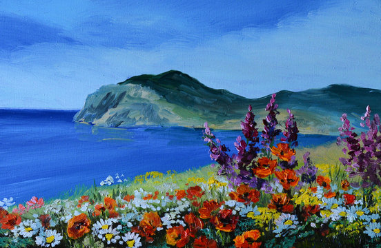 oil painting - mountain in the sea, field of flowers of daisies