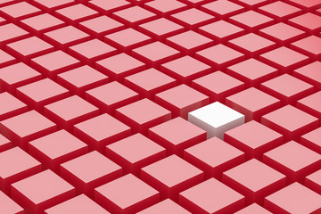 One white cube amongst a mass of red cubes