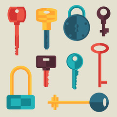 Locks and keys icons set in flat style.