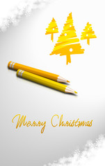 Kartka świąteczna z narysowanymi kredkami złotymi choinkami