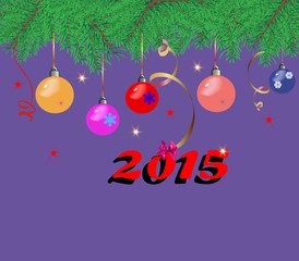 Christmas background with fir branches, colorful Christmas toys