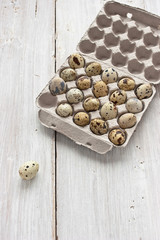 Quail eggs in the cardboard packing on the white table