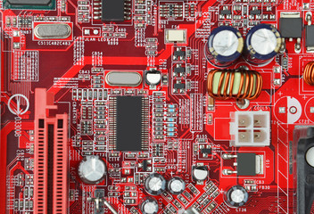 Printed computer motherboard with microcircuit, close up