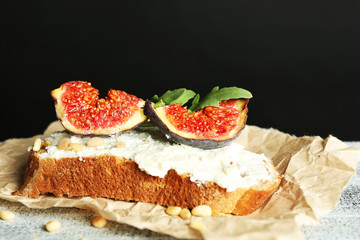 Tasty sandwich with sweet figs and cottage cheese
