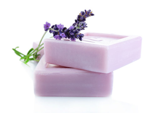 Fototapeta Bars of natural soap with fresh lavender isolated on white