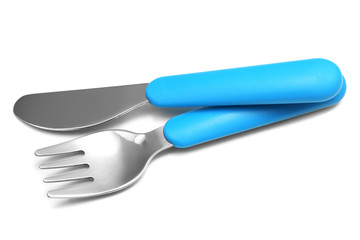 Blue baby cutlery isolated on white