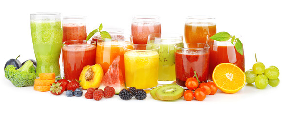 Glasses of tasty fresh juice, isolated on white