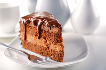 Delicious chocolate cake on plate on table on light background