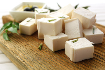 Feta cheese on table close-up