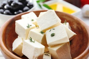 Feta cheese on table close-up