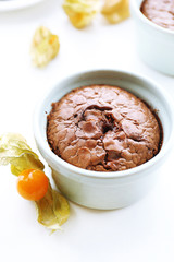 Hot chocolate pudding with fondant centre on white table