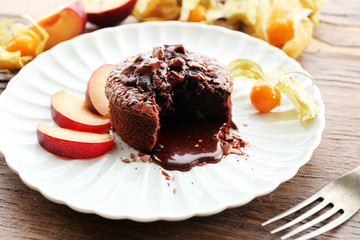 Hot chocolate pudding with fondant centre, close-up