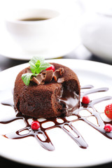 Hot chocolate pudding with fondant centre, close-up