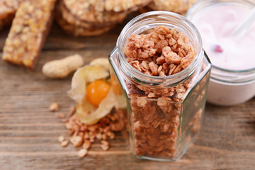Healthy breakfast. Granola on table