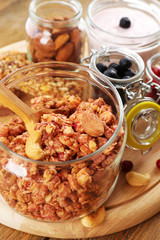 Healthy breakfast. Granola on table
