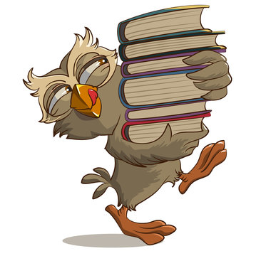 Satisfied owl carries books