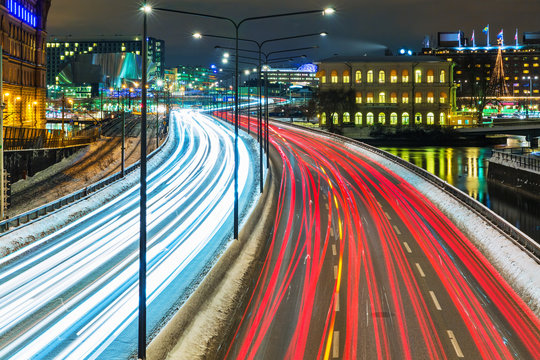 Winter highway traffic in Stockholm, Sweden