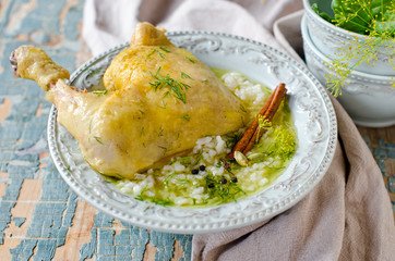 Rice soup with chicken and cinnamon