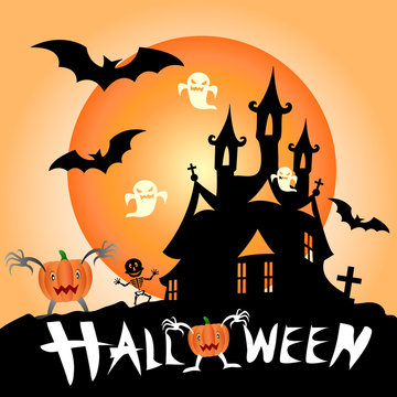 Illustration of Halloween haunted house surrounded by bats