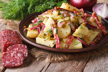 German potato salad on a plate and ingredients, horizontal