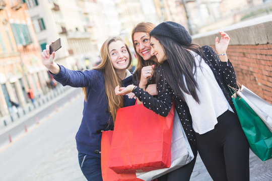 Happy Women Taking Selfie after Shopping