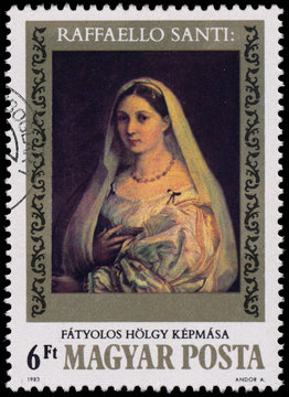 Stamp printed in Hungary shows painting by Raffaello Santi