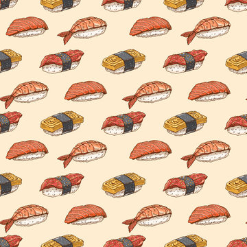 seamless background with hand-drawn sushi