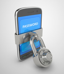 Security of mobile devices. Smartphone closed on the lock. 