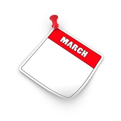 March. 3D render. Empty Blanc calendar on a white background.