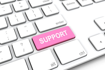 White keyboard with a pink button support.