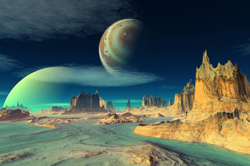 Obrazy na Plexi  3D renderowane fantasy obca planeta. Skały i księżyc