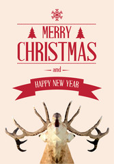 Merry Christmas card with deer, vector