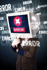 Female monitor head with error signs on the display screen