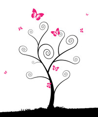 Fototapeta na wymiar Cartoon tree with group of pink butterflyes.