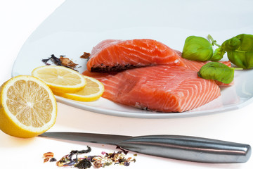 Tranches de filets de saumon dans une assiette blanche