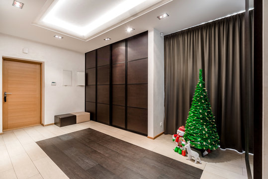 Interior of entrance hall with christmas tree