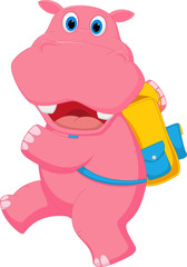 Cute hippo going to school